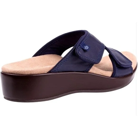 Spenco Women's  8 B Karla‎ Wedge Navy Blue Peacoat Leather Sandal Supportive New - Picture 2 of 8